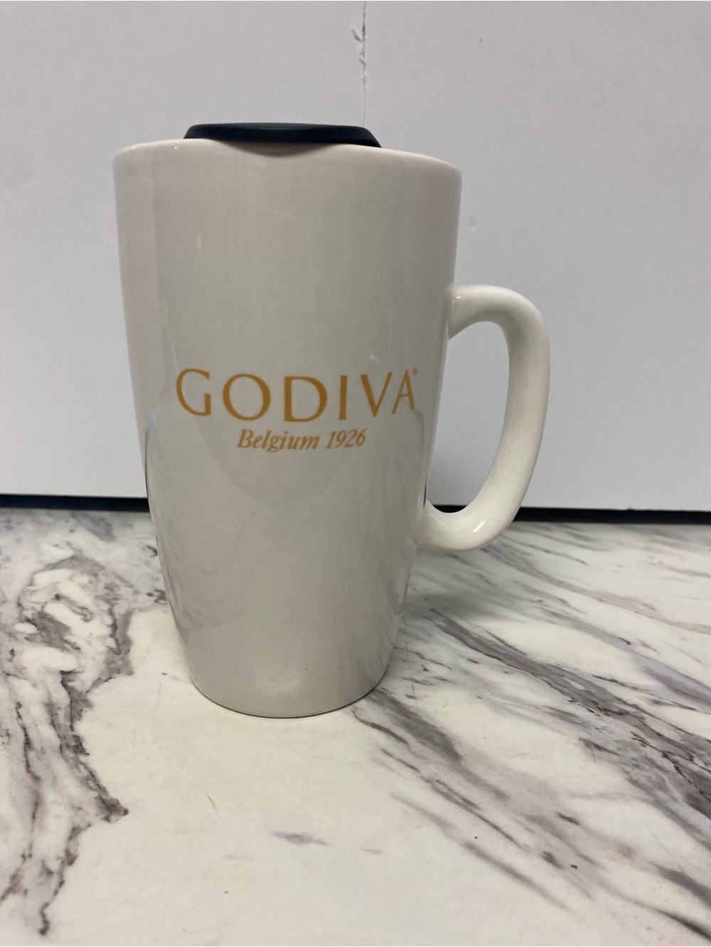 Godiva White Ceramic Travel Mug with Black Lid